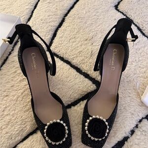 DIOR Black Leather Rosette Strappy Heels - NIB / Full Set